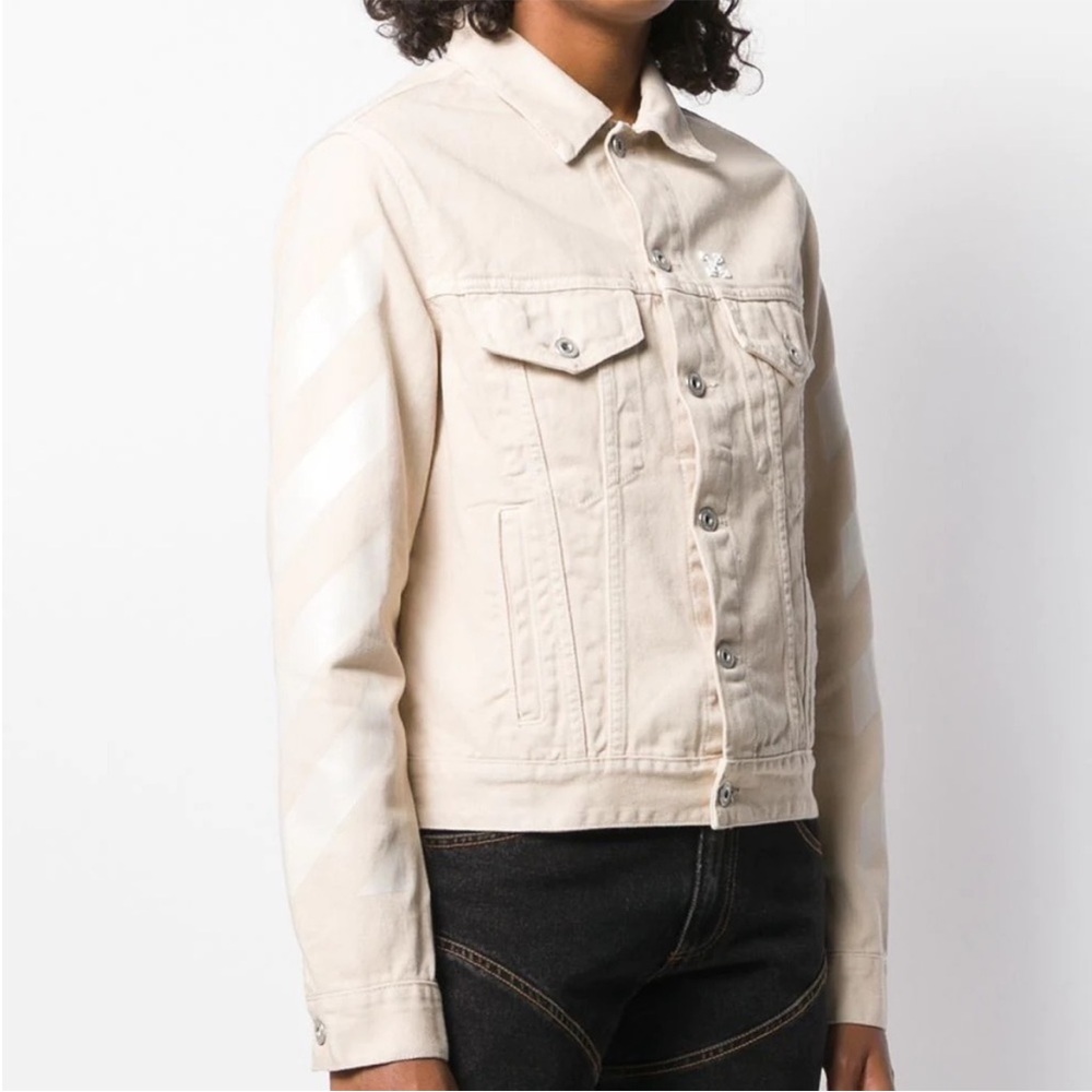 Off-White Diagonal Print Cream Tan‎ Denim Jacket Women’s Small S Button Front